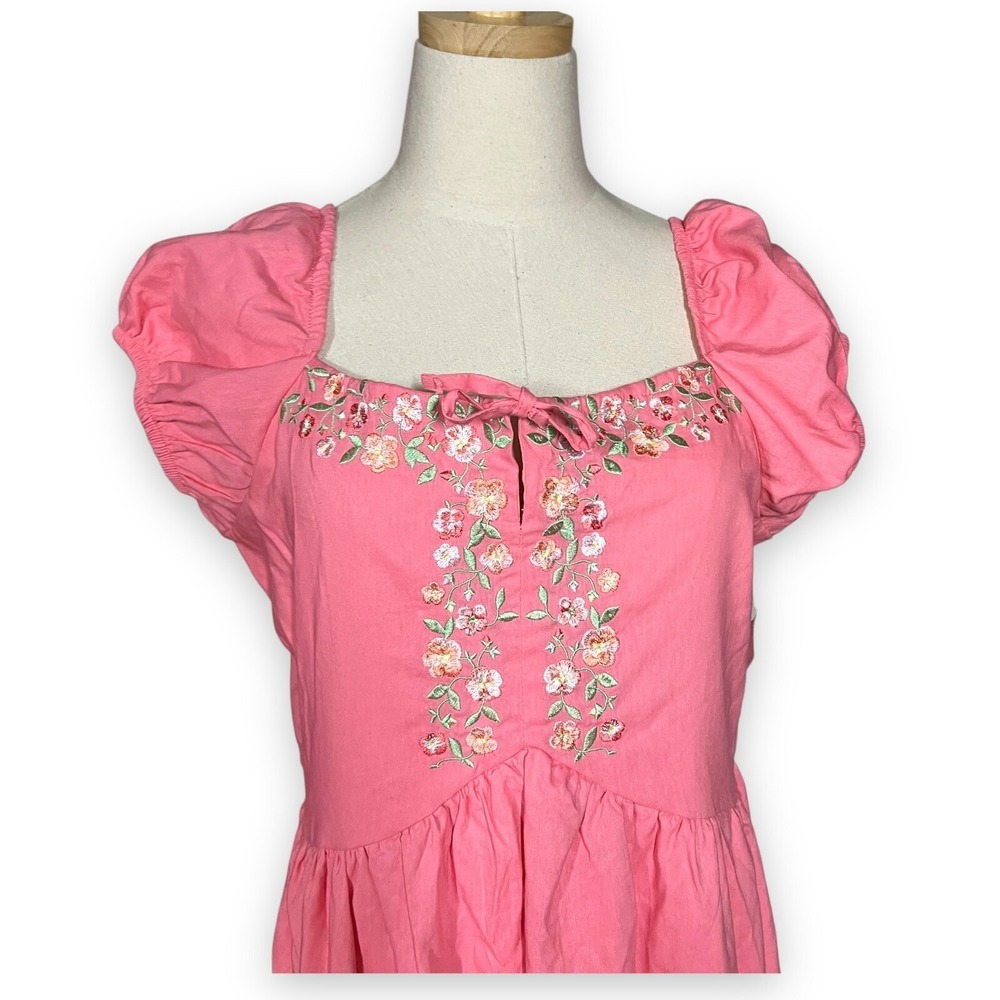 Blueberi Boulevard Dress Womens XL Pink Boho Cottagecore Puff Sleeve Embroidered